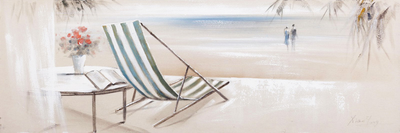PXYW548 Wall décor art oil on canvas seascape deckchair blue white tones